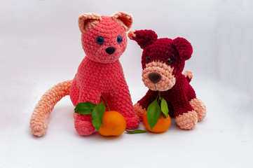 Handmade Amigurumi dolls: rats, dog, cat photographed on a white background.