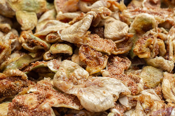 Heap of dried fig fruits selective fokus.