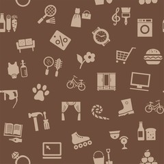 Shops, seamless pattern, color, brown, vector. Different categories of goods. Brown icons on a brown field.  