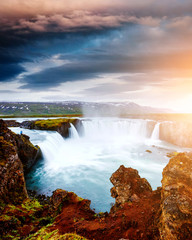 Fototapeta premium Amazing view of famous Godafoss cascade. Location place Bardardalur valley, Iceland, Europe.