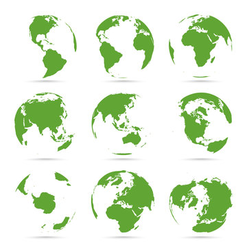 Globes icon collection. Green globe. Planet with continents Africa, Asia, Australia, Europe, Antarctica, North America and South America