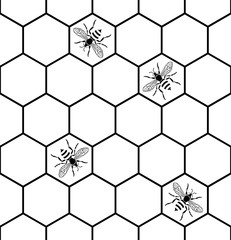 Bees sitting on honeycombs. Monochrome seamless pattern.