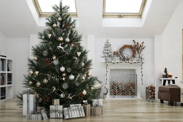 Fototapeta na wymiar New year tree in scandinavian style interior with christmas decoration 