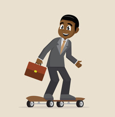 Cartoon character, African Businessman on skateboard.