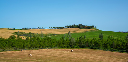 Fototapeta na wymiar Beautiful landscape in Tuscany, Italy. Sunny fields. Agricultural area with wheat fields.