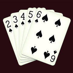 Straight Flush of Spades from Two to Six - playing cards vector illustration