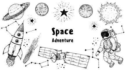 Hand drawn space vector illustration. Planets, rocket, satellite, cosmonaut illustration. Space elements. Hand drawn sketch. © vidimages