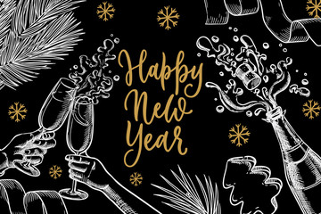 Happy New Year banner, poster design. Hands with glasses, champagne, gold calligraphy lettering. . Vector illustration.