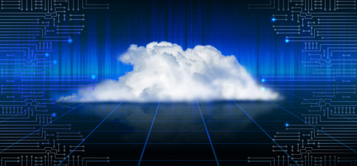 Electronic circuit with digital cloud for data storage. Mixed media art.