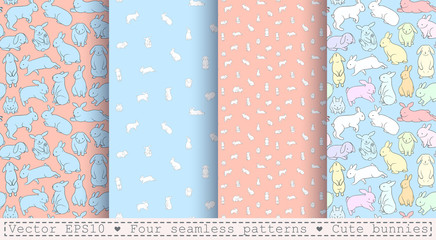 Four seamless patterns with cute bunnies. Cartoon white, bluee rabbits on a coral, skyey backgrounds. Linear, outline drawing.