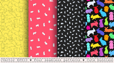 Four seamless patterns with cute bunnies. Cartoon white and multi-colored rabbits on a bright backgrounds. Linear, outline drawing.