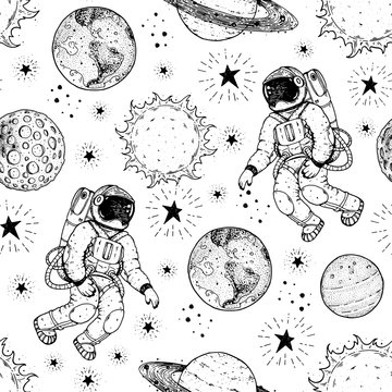 Astronaut In Space Pattern Hand Drawn. Vector Illustration. Hand Drawn Space Seamless Pattern. Space Background.