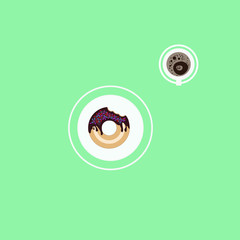 A donut on plate and cup of coffee top view.Vector food.