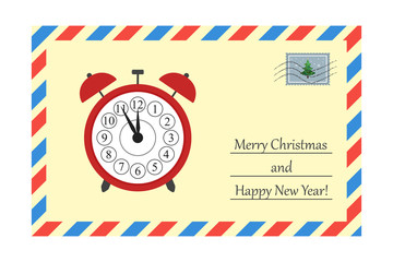 Greeting card with alarm clock for christmas and new year. Cartoon flat style. Vector illustration