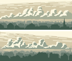 Fototapeta na wymiar Horizontal banners of big European city and sky with clouds.