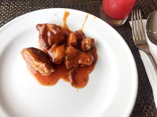 grilled steak with sauce and vegetables