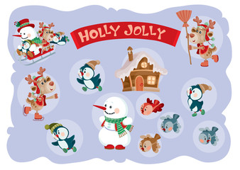 set for new year and christmas with house, snowman, ice rink, penguin, deer with a broom, gifts,