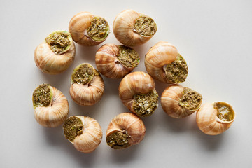 top view of delicious cooked escargots on white background