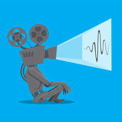 Vintage movie projector works on isolated blue background. Vector image