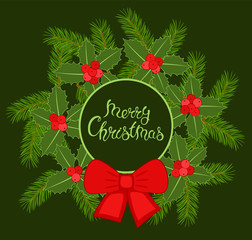 Merry Christmas. Holiday card template, banner, poster, flyer, vector illustration.  Text and Christmas wreath with Holly.
