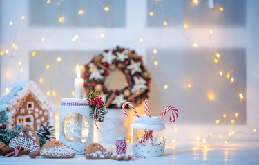Christmas decorations with light behind it, creating a nice blurry boken. Christmas or new year...