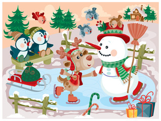 a snowman riding a skating rink with a deer, penguins sit on a bench and look at them, behind a house and Christmas trees in the background, sweats fly around and everyone is happy about the winter