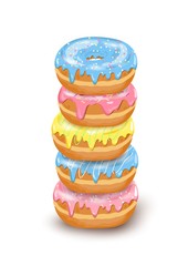 Vector stack of Donut isometric icons with blue, pink, yellow glaze and sugar decorative icing on white background. Cartoon flat hand drawn tower of dessert for sweet shop, Donut Day poster.    