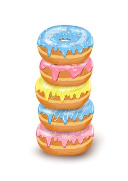 Vector stack of Donut isometric icons with blue, pink, yellow glaze and sugar decorative icing on white background. Cartoon flat hand drawn tower of dessert for sweet shop, Donut Day poster.    