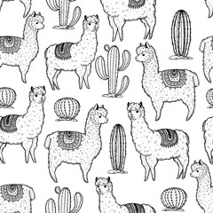 Alpaca seamless pattern. Hand drawn vector illustration. Cute llamas and cactus. Alpaca, llama, cactus background.