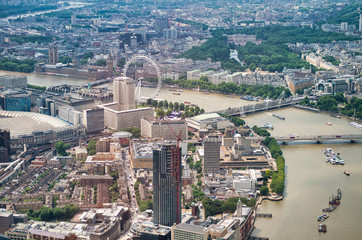 Naklejka premium Aerial view of Westminster Palace, Ferris Wheel and city bridges over River Thames from a high vantage point