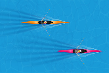 Race of Single rowers with woman paddlers on water surface. Woman inside boats in moving. Top view of Equipment for waters sport rowing. Vector Illustration © VITAMIN