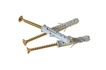 Three new modern dowels for fixing any objects on wall isolated on white background without shadow. Close-up