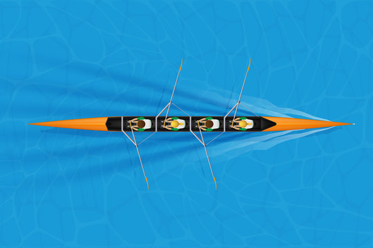 Four Racing shell with mixed paddlers for rowing sport on water surface. Four paddlers mixed race. Woman and Man and inside boat. Top view. Vector Illustration