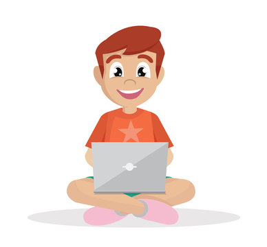 Cartoon character, Boy sitting with laptop.