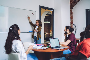 Woman writing on whiteboard with coworking students