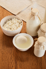 tasty organic dairy products on rustic wooden table