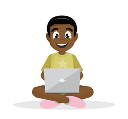 Cartoon character, African Boy sitting with laptop.