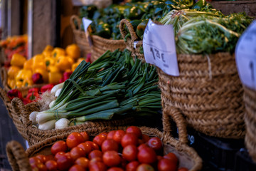 Market stall with variety of organic vegetables. Organic, agriculture products. Freshly, seasonal harvested vegetables. Bio, healthy food. Vegetarian food.