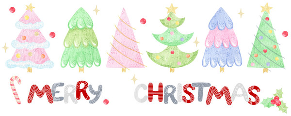 Christmas trees in different styles with "Merry Christmas" lettering. Christmas tree collection for holiday xmas and new year. Can be used for greeting card, invitation, posters, textile.