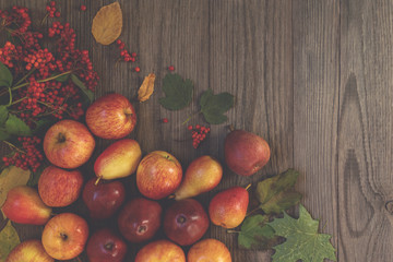 Autumn background with yellow leaves, red apples and red berries. Frame of fall harvest on aged wood with copy space. Mockup for seasonal offers and holiday post card, top view.