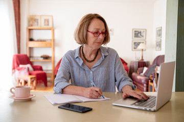 Middle age senior woman working at home using computer