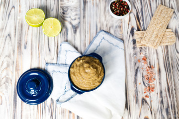 homemade hummus with lime. Top view.