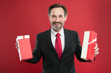Happy holidays. From sincere heart. Man happy face celebrate new year. Valentines day gift....