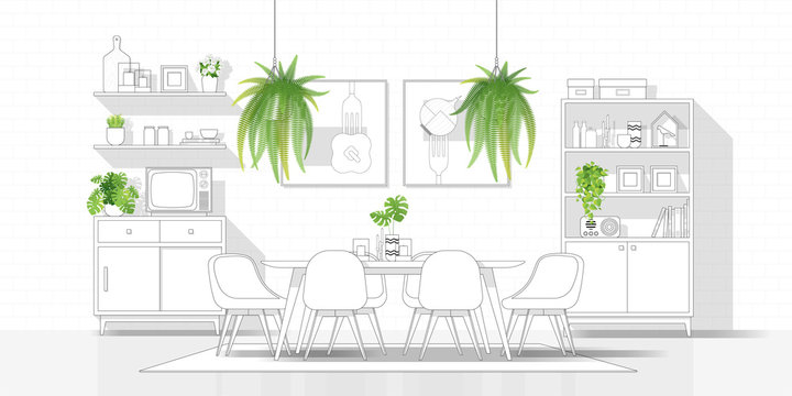 Interior design with modern dining room in black line sketch on white background , vector , illustration