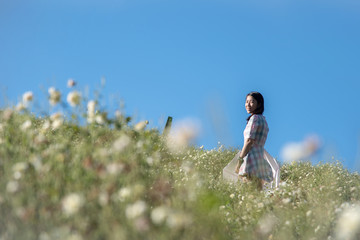 Pretty girl enjoying in a field with field flowers and blue sky background, Copy space