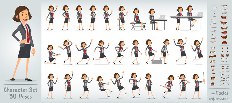 Cartoon funny cute office girl character in blue suit with red tie. 30 different poses and face expressions. Isolated on white background. Big vector icon set.