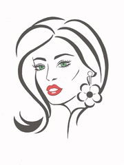 Sketch of a fashionable girl portrait with red lips and flower earrings. Hand-drawn.