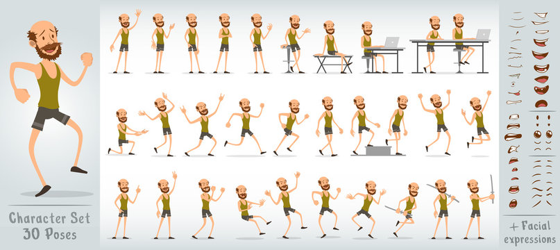 Cartoon funny cute sport boy character in shorts and shirt with beard. 30 different poses and face expressions. Isolated on white background. Big vector icon set.