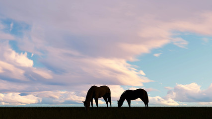 Fototapeta na wymiar horses Landscape at Sky Background 3D Rendering