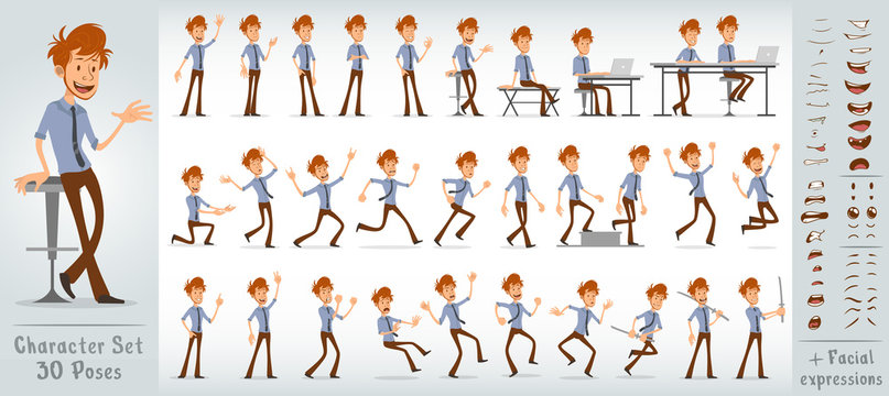 Cartoon funny cute office boy character in shirt with blue tie. 30 different poses and face expressions. Isolated on white background. Big vector icon set.